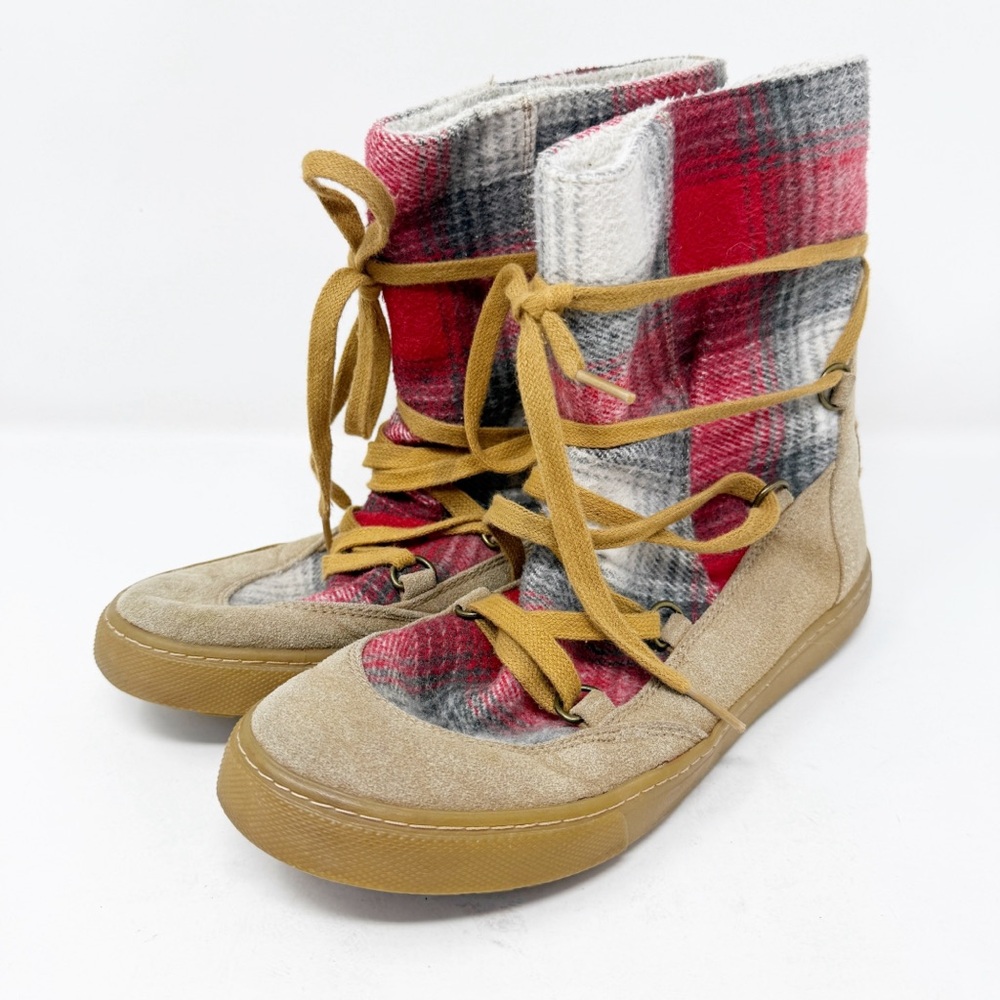 Roxy Women's Blanket Plaid Aster Boots Sz 9.5 Brown Suede Fleece Lined Lace Up